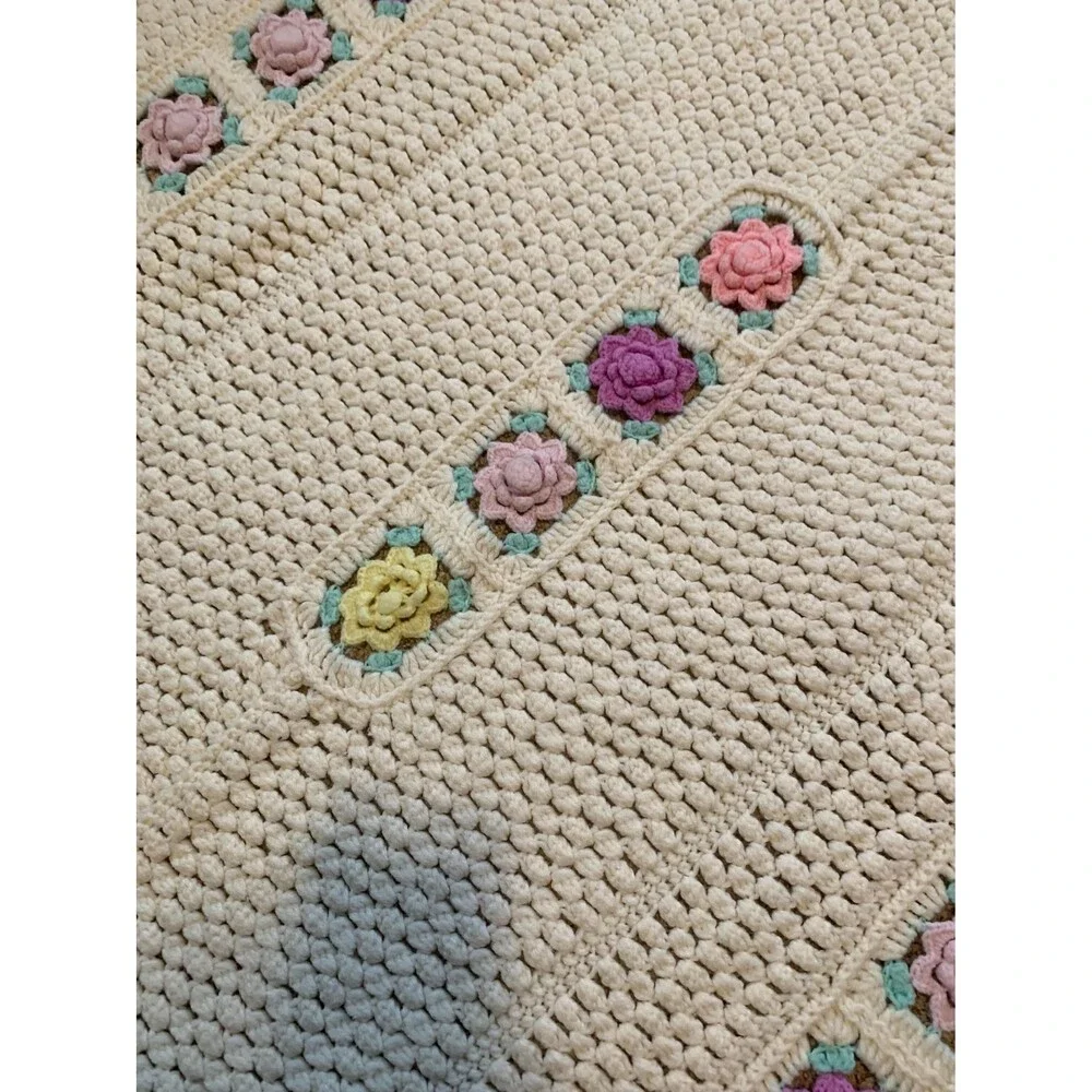Hand Crocheted Floral Afghan, Vintage Style Lap Blanket